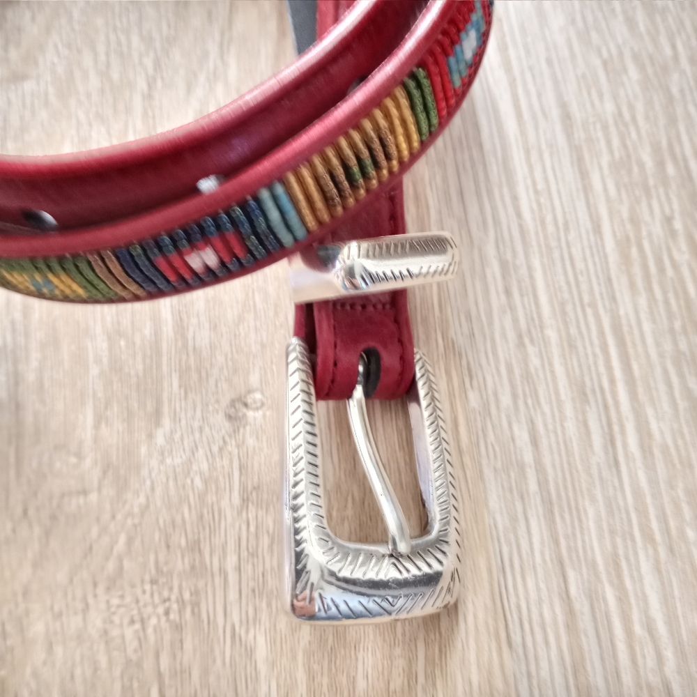 SOLD Brighton Belt Genuine Leather Silver Beaded Native American Red Size 32 … - Picture 6 of 12